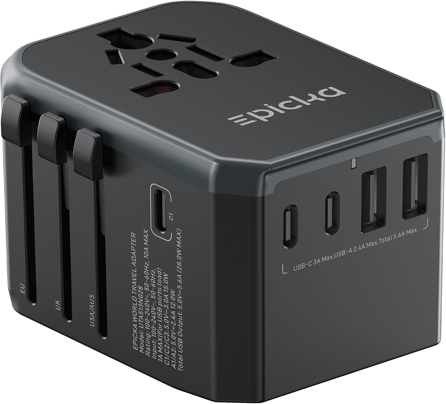 Grey EPICKA travel adapter with folding prongs and USB ports