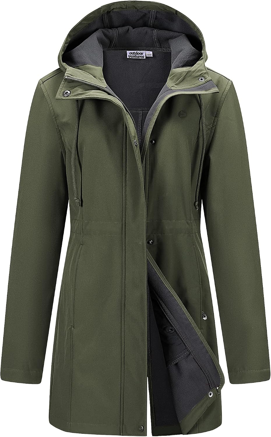 Olive green hooded Outdoor Ventures jacket on a white background